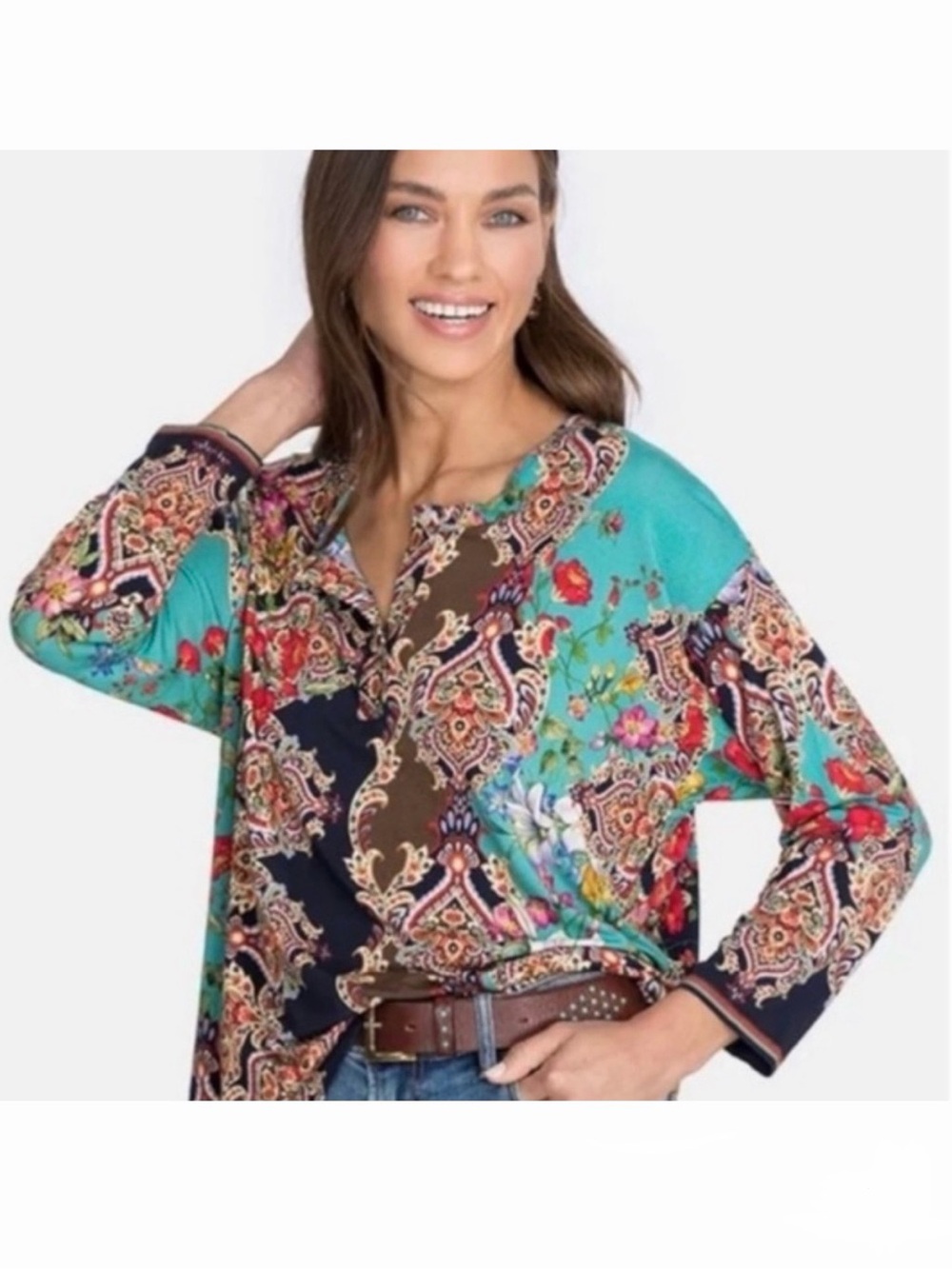 EUC Johnny Was Indi Flower Paisley 3/4 Sleeve Bamboo Henley Tunic - Picture 2 of 12